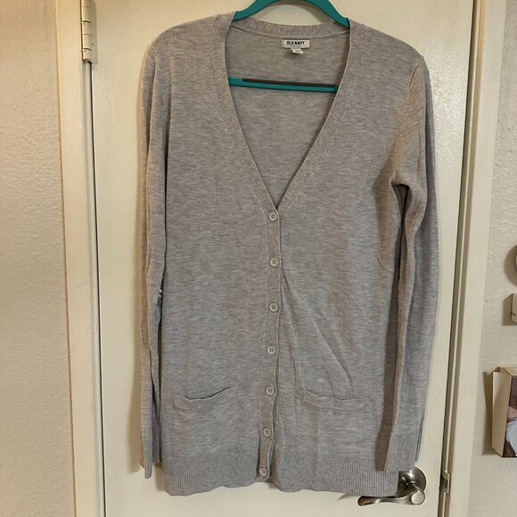 Old Navy Gray Button Front Cardigan with Sequin Elbow Patches Size M EUC - Picture 3 of 6